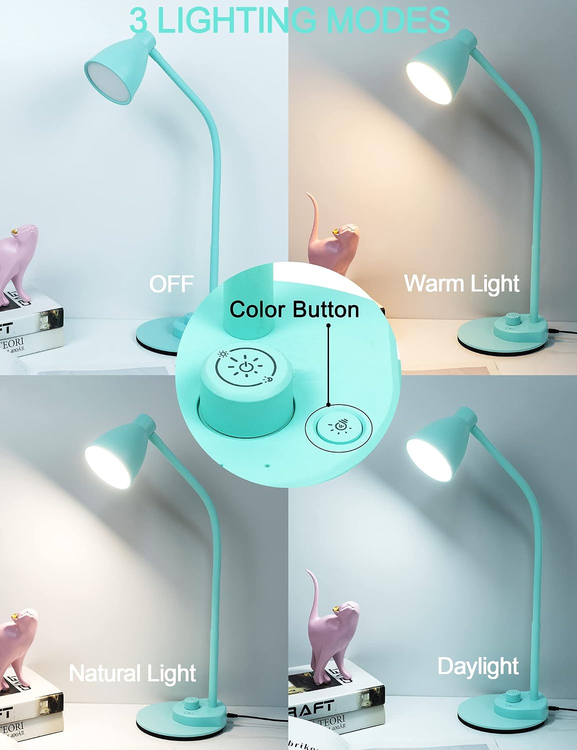 BOHON LED Desk Lamp with USB Charging Port 3 Color Modes Dimmable, Black | Reading Light Intelligent Induction Auto Dimming Task Lamp Neck Flexible Table Lamp for Bedside Office, AC Adapter Include