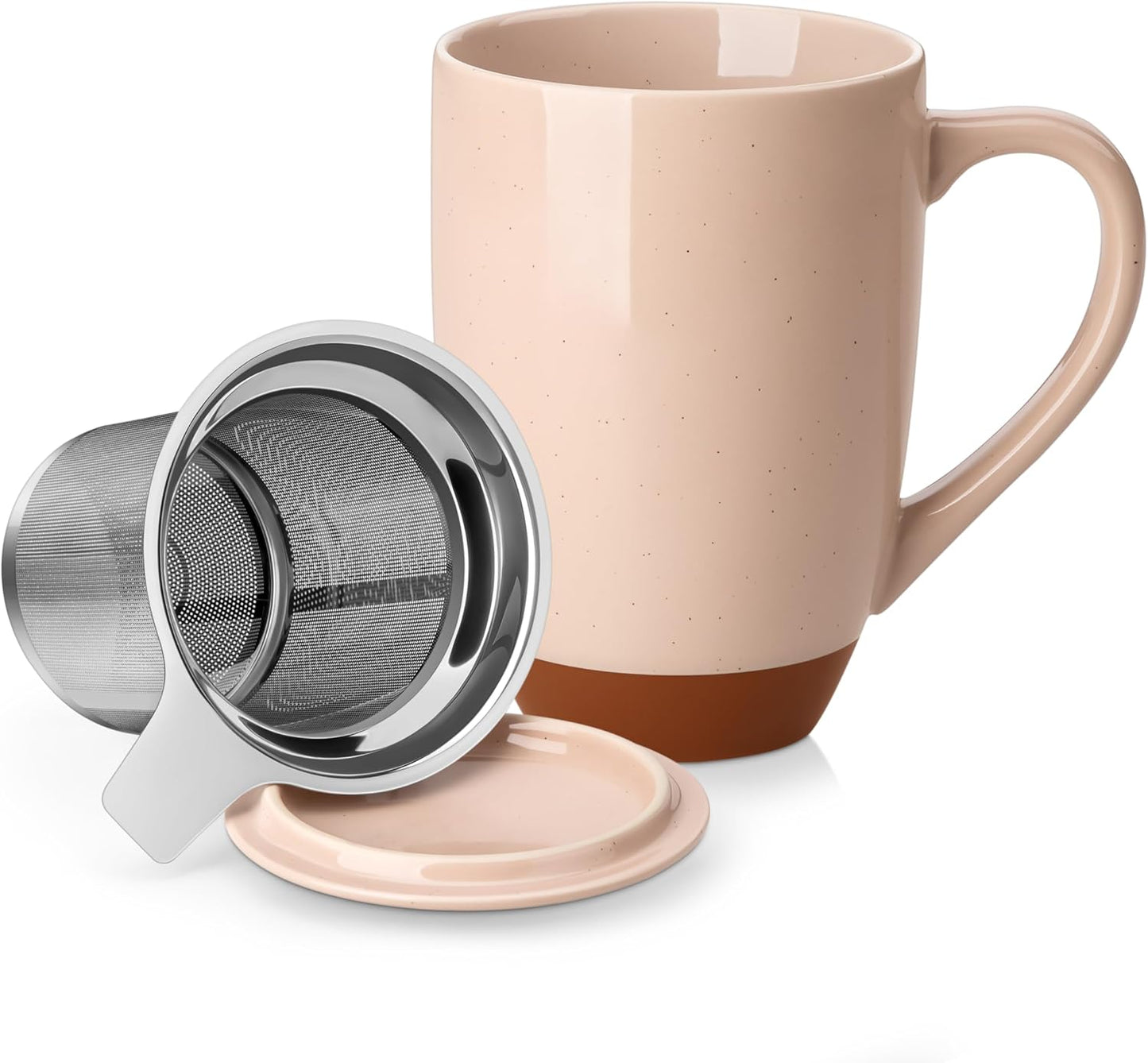 MALACASA Ceramic Tea Mug with Lid and Stainless Steel Infuser, 18 oz Large Tea Cup for Loose Leaf Tea, Heat-Resistant, Microwave & Dishwasher Safe, Speckled Glaze Coffee & Tea Brewer Mug, Khaki Brown