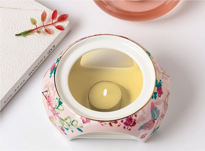 YBKTEX Glass Teapot with Ceramic Warmer- Butterflies Pattern (Pink)