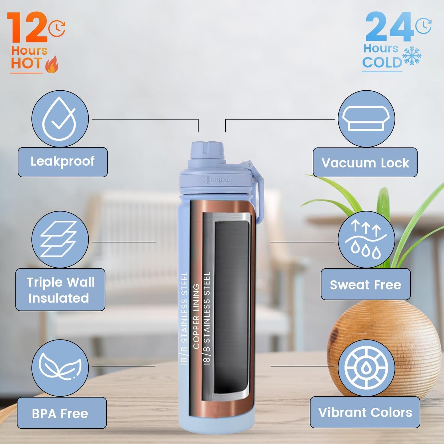 Lexlion Tea Infuser Water Bottle 22 Oz – Triple Wall Insulated Stainless Steel, Loose Leaf & Fruit Strainer, 3 Leakproof Lids, BPA-Free Silicone Sleeve, Reusable Thermal Mug