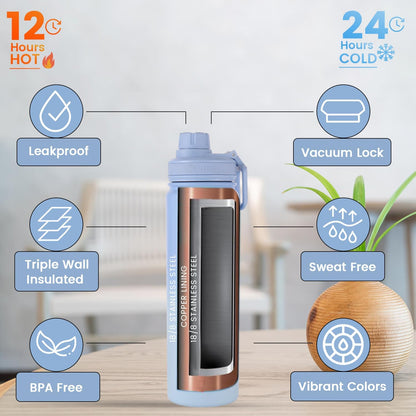 Lexlion Tea Infuser Water Bottle 22 Oz – Triple Wall Insulated Stainless Steel, Loose Leaf & Fruit Strainer, 3 Leakproof Lids, BPA-Free Silicone Sleeve, Reusable Thermal Mug