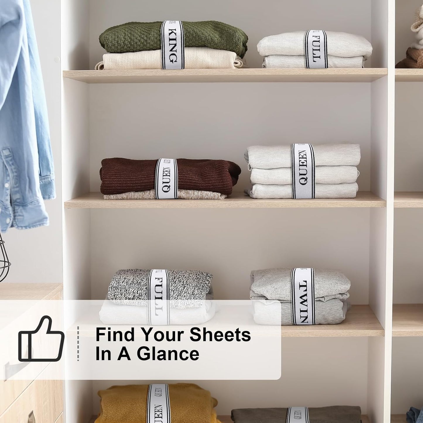 Bed Sheet Organizer Bands with Hook and Loop Adjustable Sheet Organizers and Storage Label Bands for Linen Closet-Elastic Bedding Sheet Keeper Straps for Bedsheet Sets (Queen 4PCs)