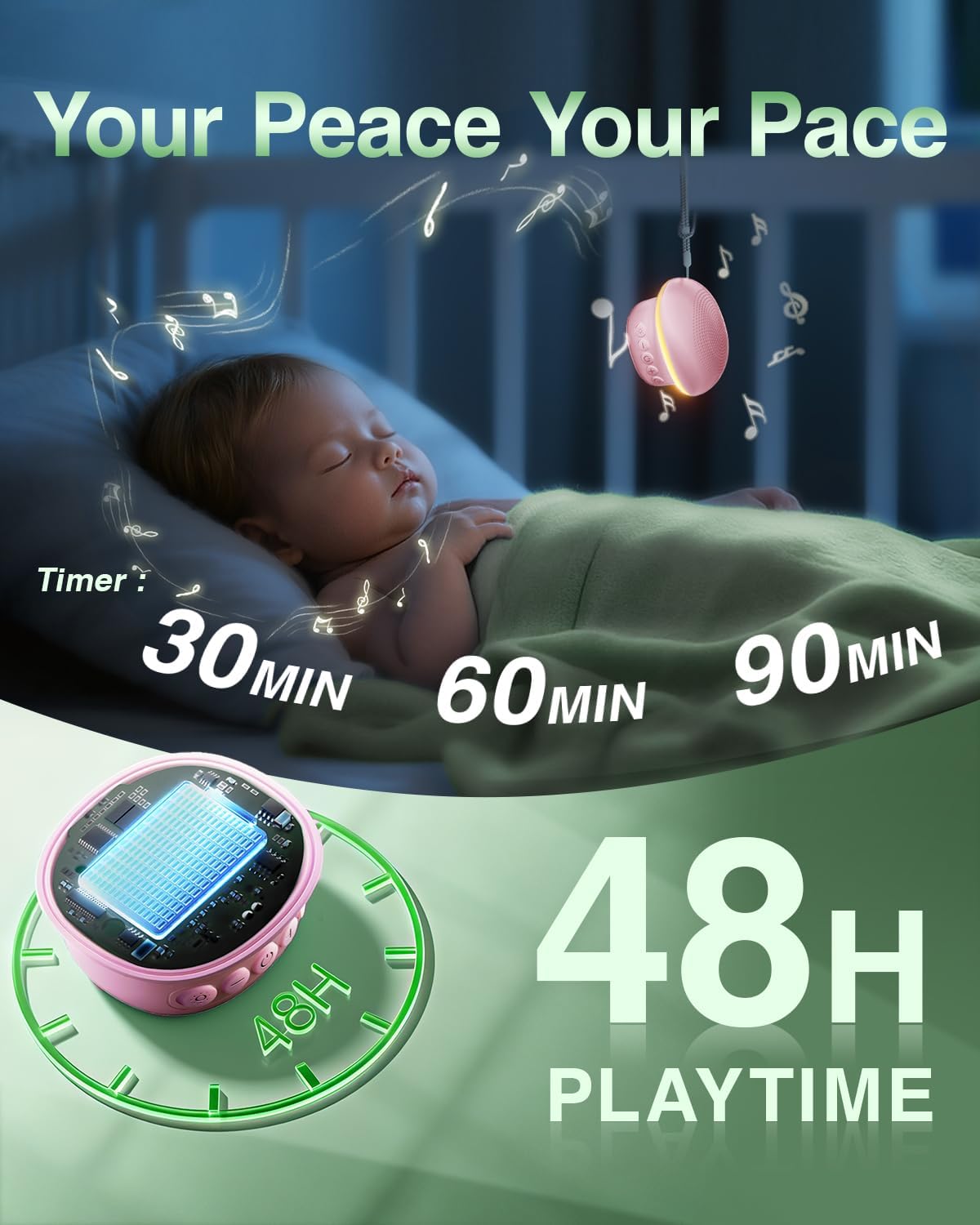 Portable White Noise Sound Machine for Baby Kids Adults, 20 Natural Soothing Sounds, 48H Battery Playback, 30 Volume Levels, 3 Timers, Memory Function & Soft Night Light for Sleep, Home, Travel, Mini