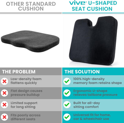 Vive Memory Foam Seat Cushion – Tailbone Pain Relief, Sciatica, Coccyx