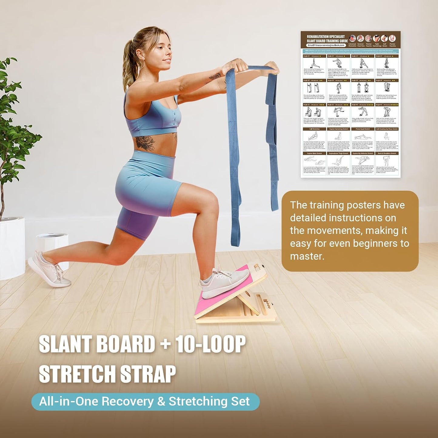 Slant Board Calf Stretch with Stretch Strap, 300 lb Portable Incline Board | Training Poster, Non-Slip Adjustable Wooden Calf Mobility Board for Calf Ankle Knees Achilles Physical Therapy Leg Exerciser