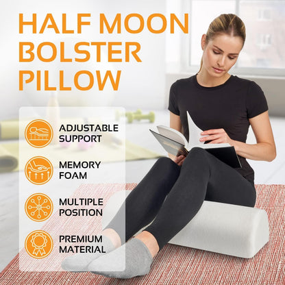 2 Pack Large Half Moon Bolster Pillow for Legs, Knees, Lower Back and Head (2 Pack) Lumbar Support Pillow for Bed, Sleeping | Semi Roll for Ankle and Foot Comfort - Machine Washable Cover, Grey