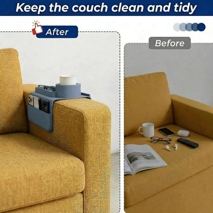 Silicone Couch Caddy Cup Holder Tray, 3-Side Sofa Armrest Organizer with Secure Gear-Shaped Locking Holder & Large Tablet Slot, Non-Slip Weighted Armchair Caddy, Couch Accessories (Grey)