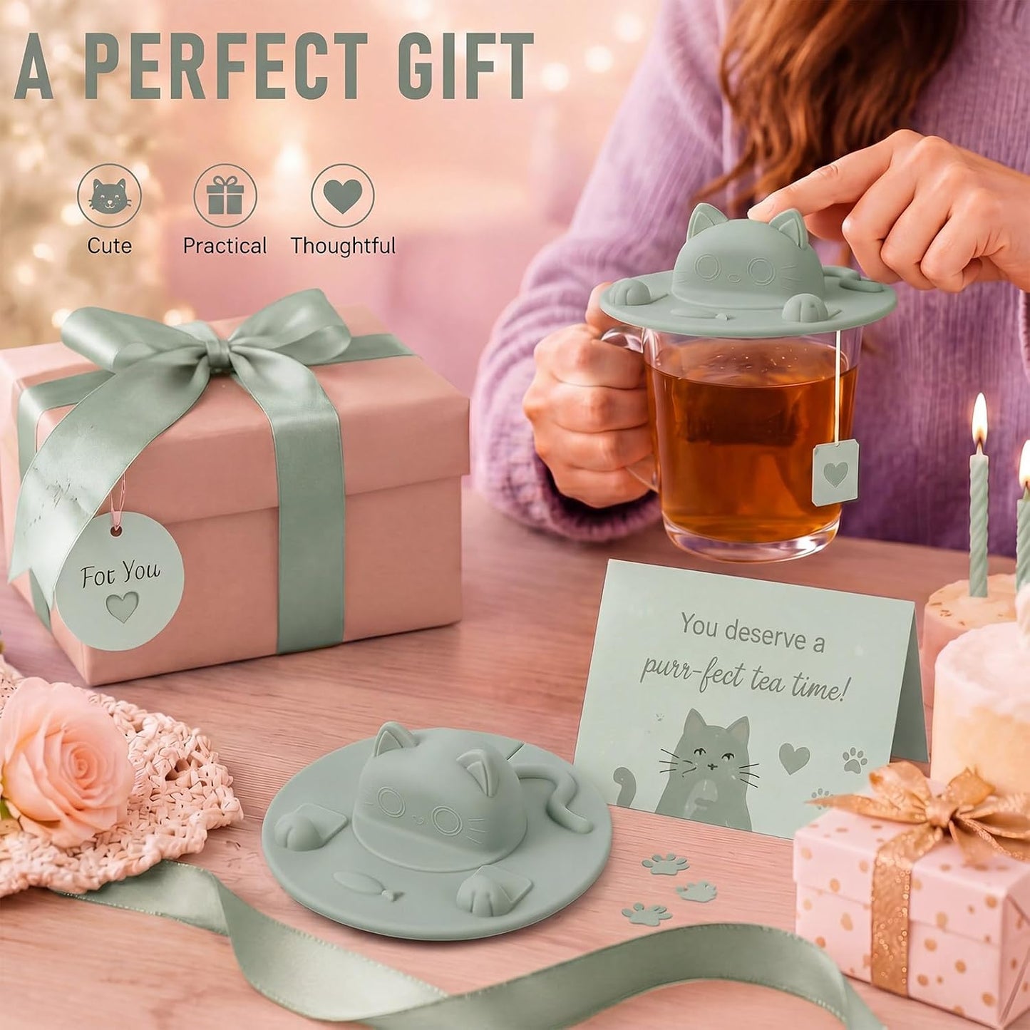 4 Pcs Tea Bag Squeezer 4 Inch Silicone Tea Bag Holder & Squeezer Dishwasher Safe Purple Cute Cat-shaped Cup Silicone Lids Warm Cover Supplies