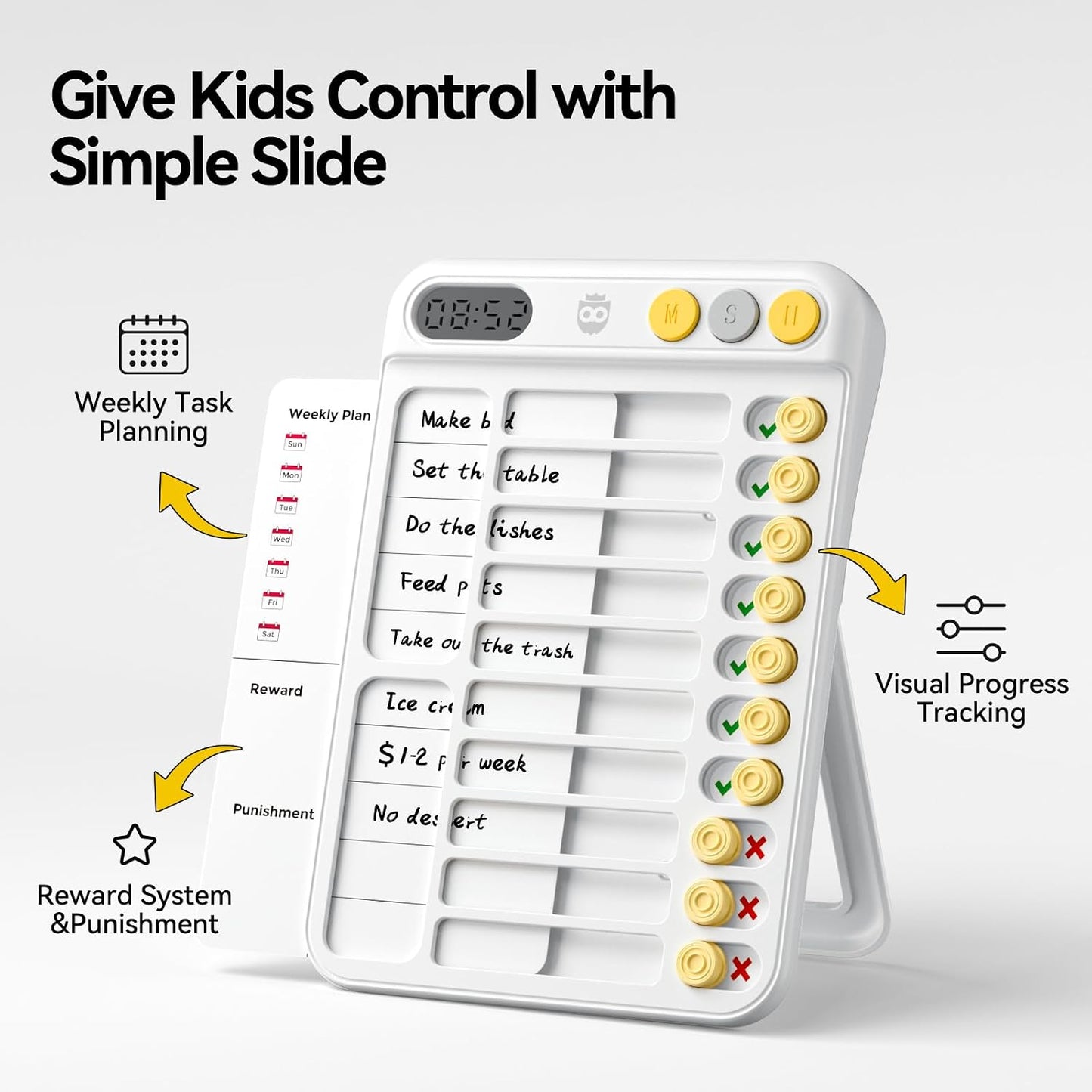 Chore Chart for Kids with Timer, 21 PCS Checklist Magnetic Schedule Board, ADHD Tools with 99-Min Countup/Down Visual Timer, Bedtime/Morning/Daily Routine Chart Dry Erase to Do List with Slider(White)