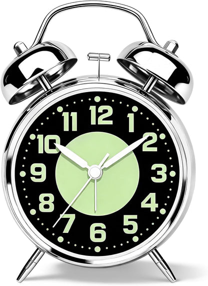 4.5" Metal Loud Alarm Clock for Heavy Sleepers Adults, Analog Battery Operated Alarm Clock with Bells Glow in Dark Numbers, Silent Old School Bedside Desk Clock for Bedroom Office Kids, Black