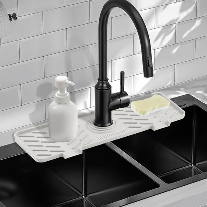 Silicone Faucet Mat for Kitchen Sink – Gen 2 Splash Guard with Upgraded Outlet & Slope – 18” x 5.1” Water Catcher & Sink Sponge Holder for Kitchen and Bathroom (Black)