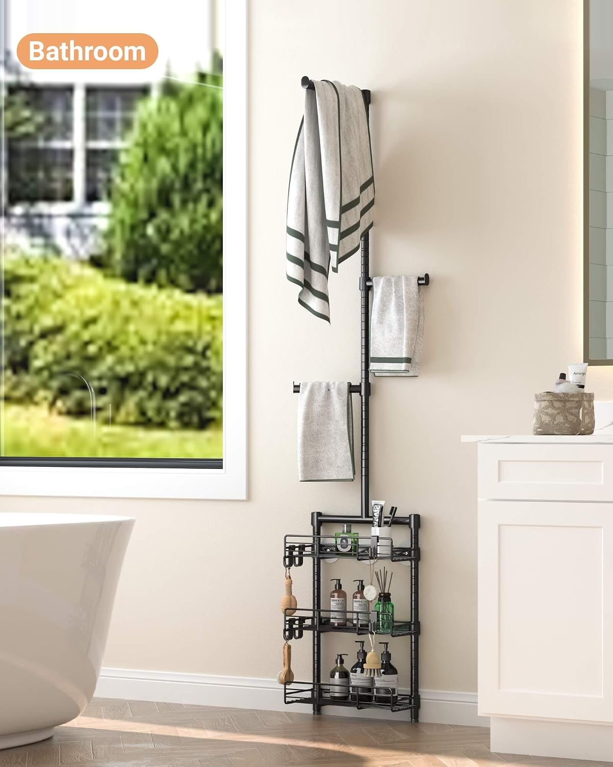 Laundry Room Shelves - Over the Washer and Dryer Storage Shelf, Laundry Hanging Rod with Basket and Hanger Organizer for Laundry Room Organization