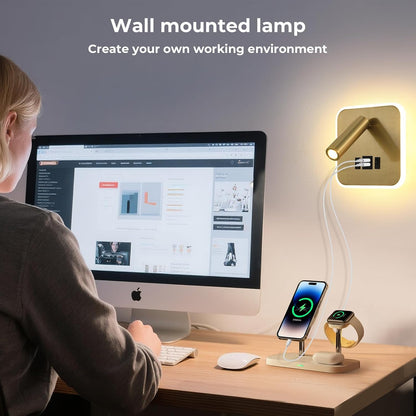 Wall Sconce Plug in with Wall Mounted Reading Lights,Modern Wall Lamp for Bedroom with Charging Station USB C+A Ports,Headboard Bedside Lamps with 3W+9W Night Light,3 Color Temperature