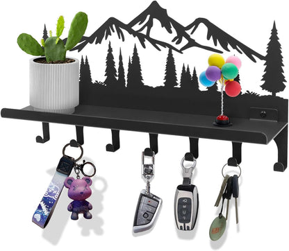 Key Holder for Wall, Metal Decorative Wall Mounted Mountain Key and Mail Holder with Shelf, 2 in 1 Key Hooks for Entryway, Front Door, Hallway, Key Organizer and Key Rack (10 Inches)