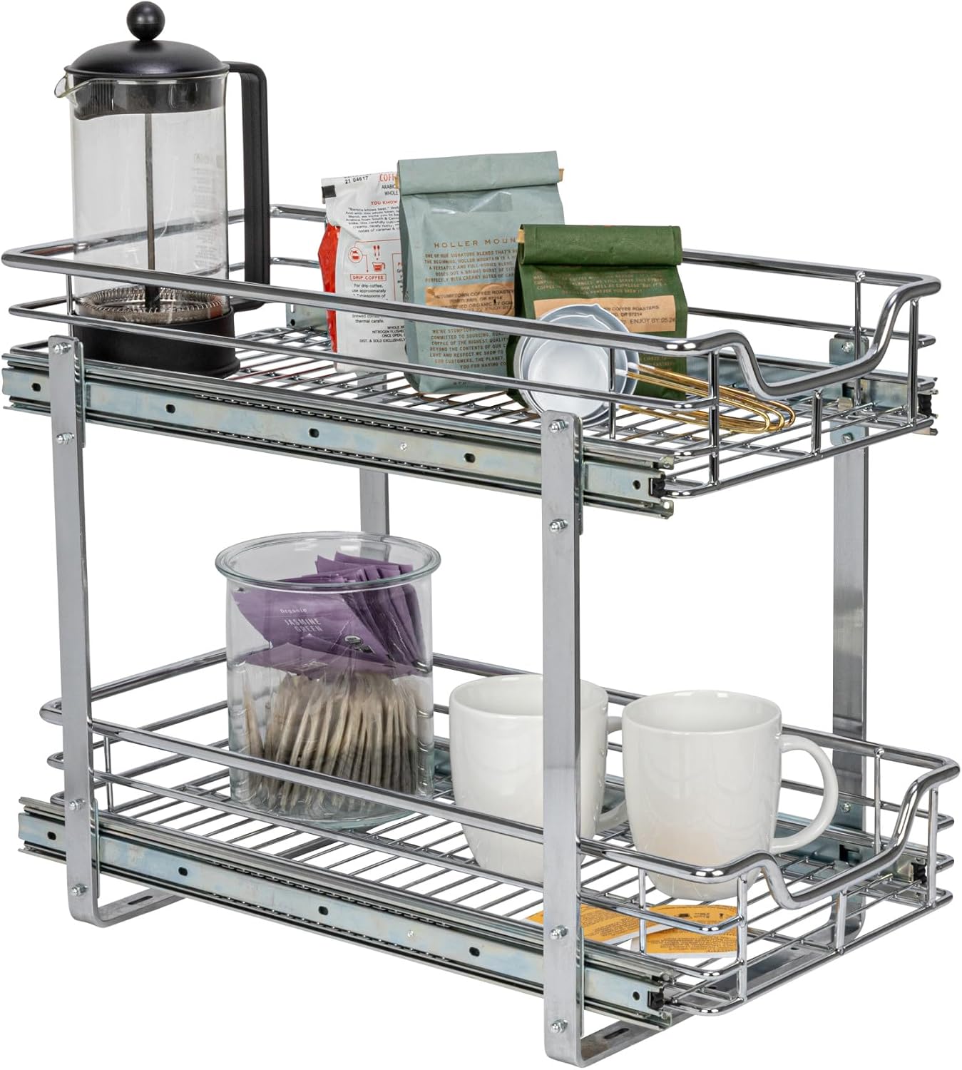 Household Essentials Glidez Multipurpose Chrome-Plated Steel Pull-Out/Slide-Out Storage Organizer for Cookware and Bakeware - 2-Tier Design - Fits Standard Size Cabinet or Shelf, Chrome