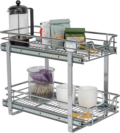 Household Essentials Glidez Multipurpose Chrome-Plated Steel Pull-Out/Slide-Out Storage Organizer for Cookware and Bakeware - 2-Tier Design - Fits Standard Size Cabinet or Shelf, Chrome