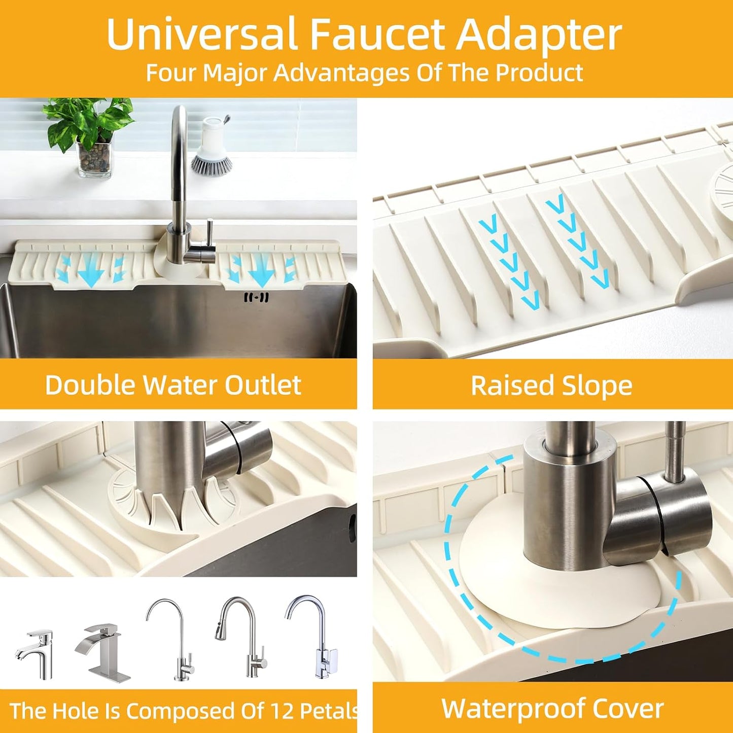 24" Silicone Sink Mat for Kitchen(Released in 2026), Beige | 8° Slope for Quick Self-draining, Sink Splash Guard Behind the Faucet, Narrow Water Splash Guard, for Kitchen&Bathroom Area