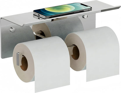 FORIOUS Toilet Paper Holder with Shelf, Commercial Toilet Paper Dispenser | Brushed Nickel | SUS304 Stainless Steel Wall Mount Double Bathroom Tissue Roll Holder for Hotel, Apartments, etc