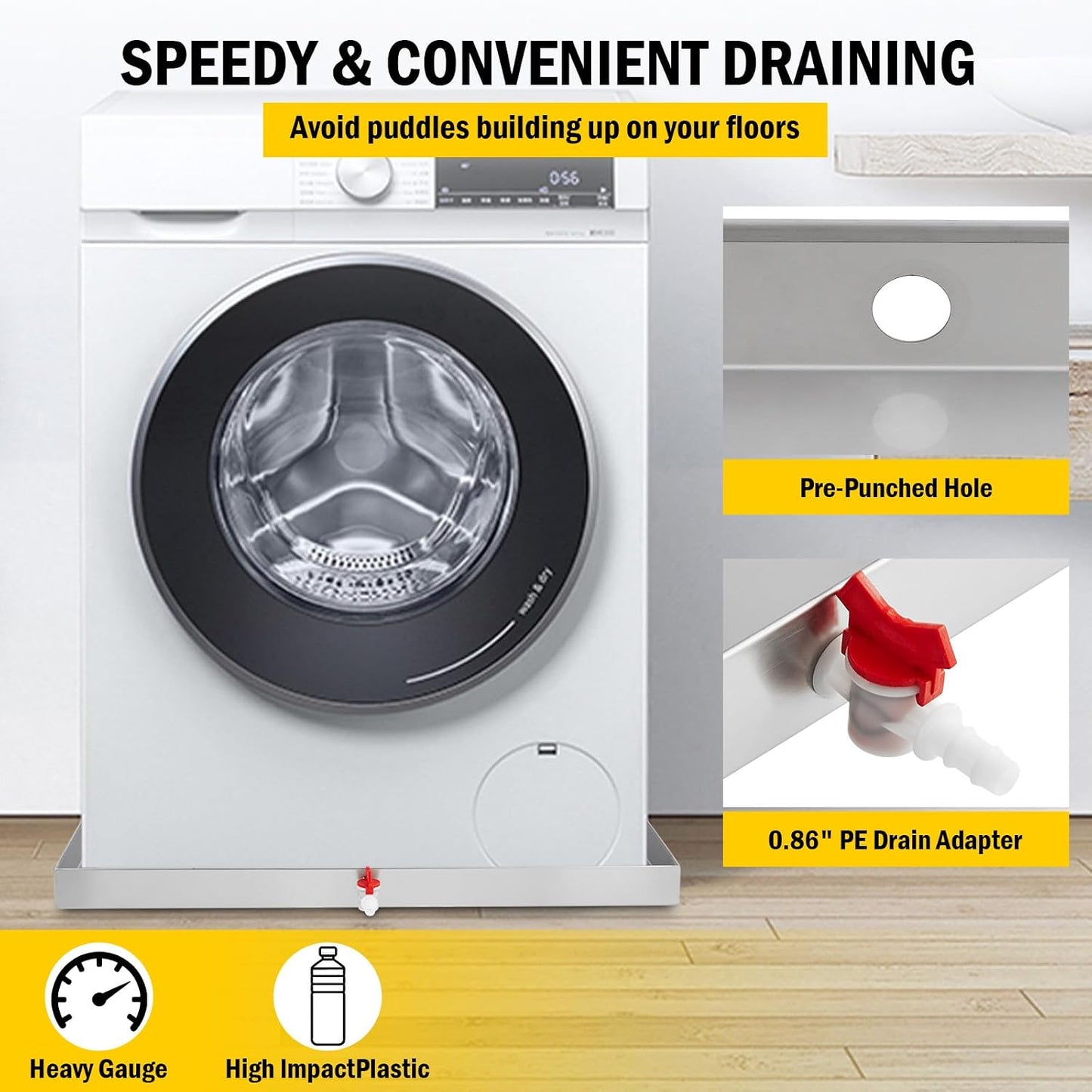 28" x 30" Washing Machine Drain Pan with Drain Hole & Hose Adapter, 304 Stainless Steel Heavy Duty Washer Drip Tray with 4 Anti-Vibration Feet for Compact Washers