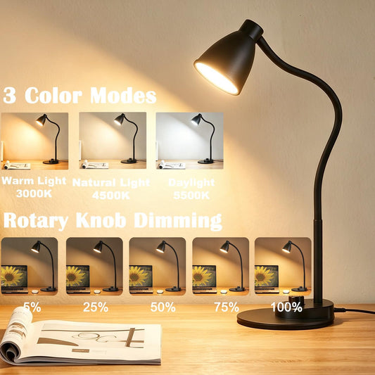 BOHON LED Desk Lamp with USB Charging Port 3 Color Modes Dimmable, Black
