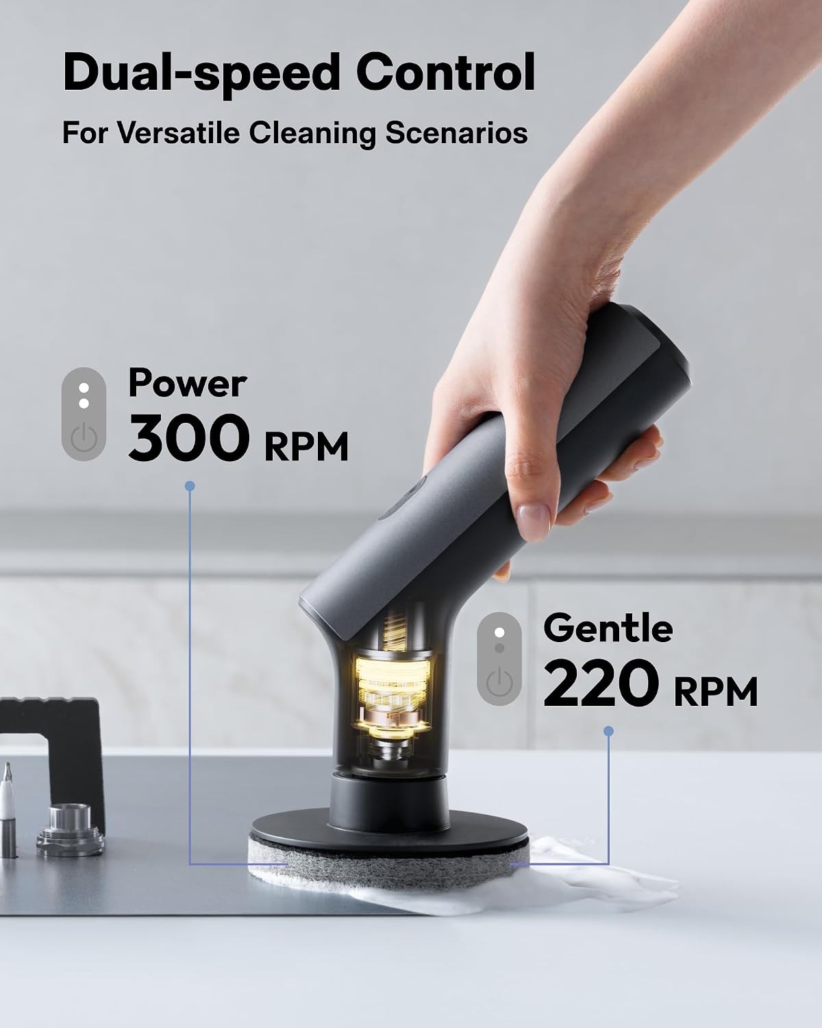 HOTO Swift™ Easycare Cordless Electric Spin Scrubber, for Bathroom, Tile | Extendable Handle, IPX7 Waterproof, with 4 Brush Heads, Shower Scrubber