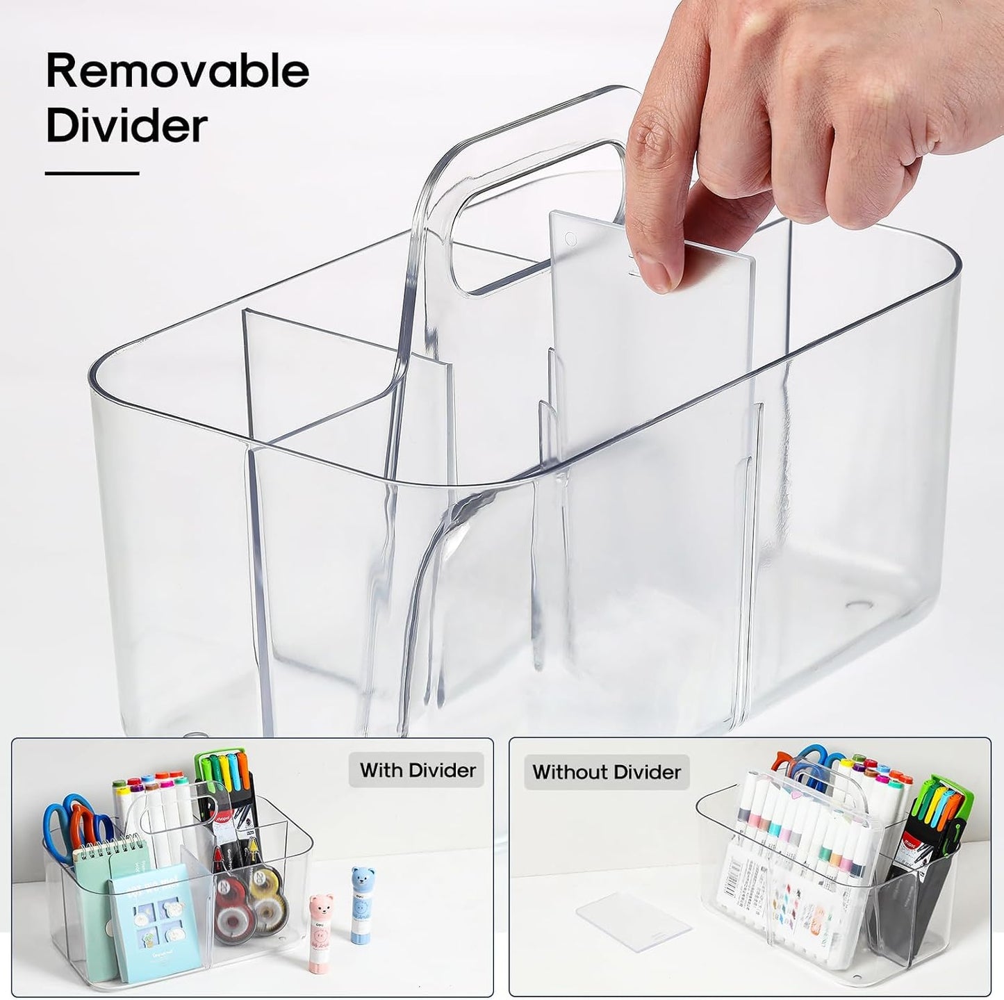 Multiuse Caddy Organizer with Handle, Portable Divided Plastic Tote Bin - Art Craft, Stationary Pen Marker Crayons, Makeup Hair Supplies Storage - Bathroom, Classroom, Dorm, Office, Desk Holder - Grey