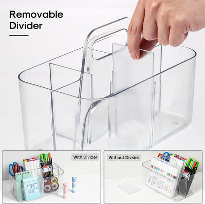 Multiuse Caddy Organizer with Handle, Portable Divided Plastic Tote Bin - Art Craft, Stationary Pen Marker Crayons, Makeup Hair Supplies Storage - Bathroom, Classroom, Dorm, Office, Desk Holder - Grey
