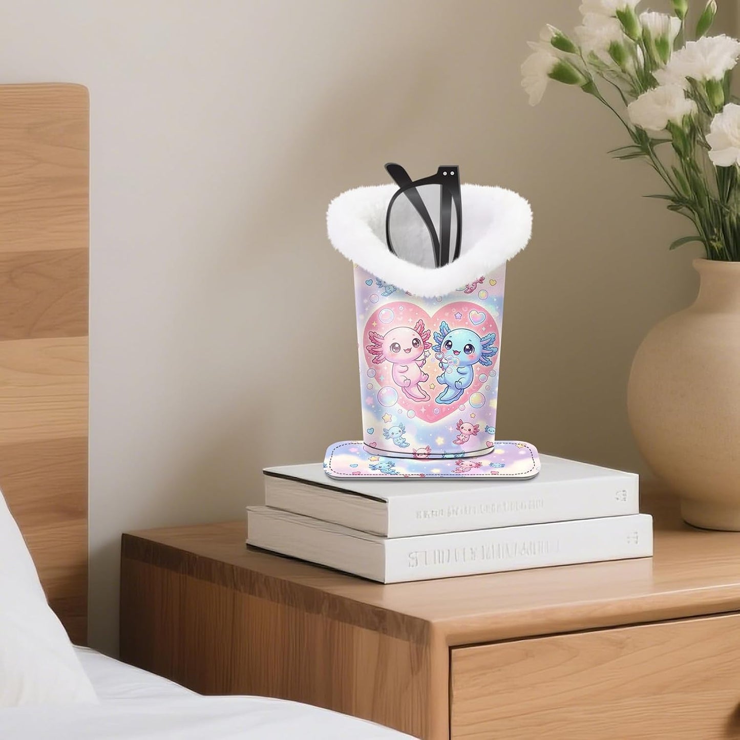 Plush Lined Eyeglasses Holder, Cute Magnetic PU Leather Glasses Stand Case for Women Men Kids