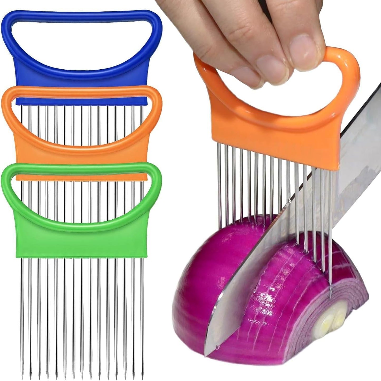 Onion Holder for Slicing - Stainless Steel Vegetable & Fruit Slicer Assistant Tool, Multi-Purpose Onion Tomato Cutter for Potato, Avocado, Egg & Meat Chopping (Blue)
