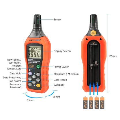 PT6508 Temperature Humidity Meter - Wet Bulb for Indoor/Outdoor | Digital Thermometer Hygrometer Monitor with Ambient, Dew Point, MIN, MAX, Data Hold, LCD Backlight