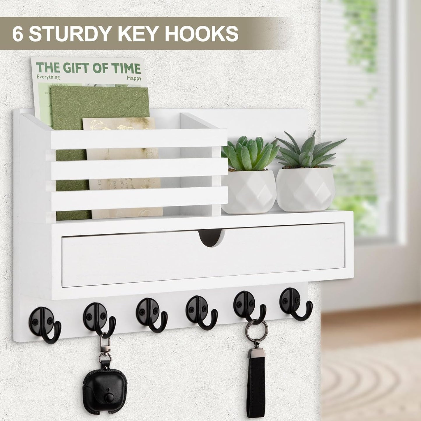 Key Holder Wall Mount, Mail Holder with Storage Drawer | Key and Mail Holder with 5 Key Hooks for Coat, Dog Leash, Home Decor Rack, House Accessories, Entry Way Organizer