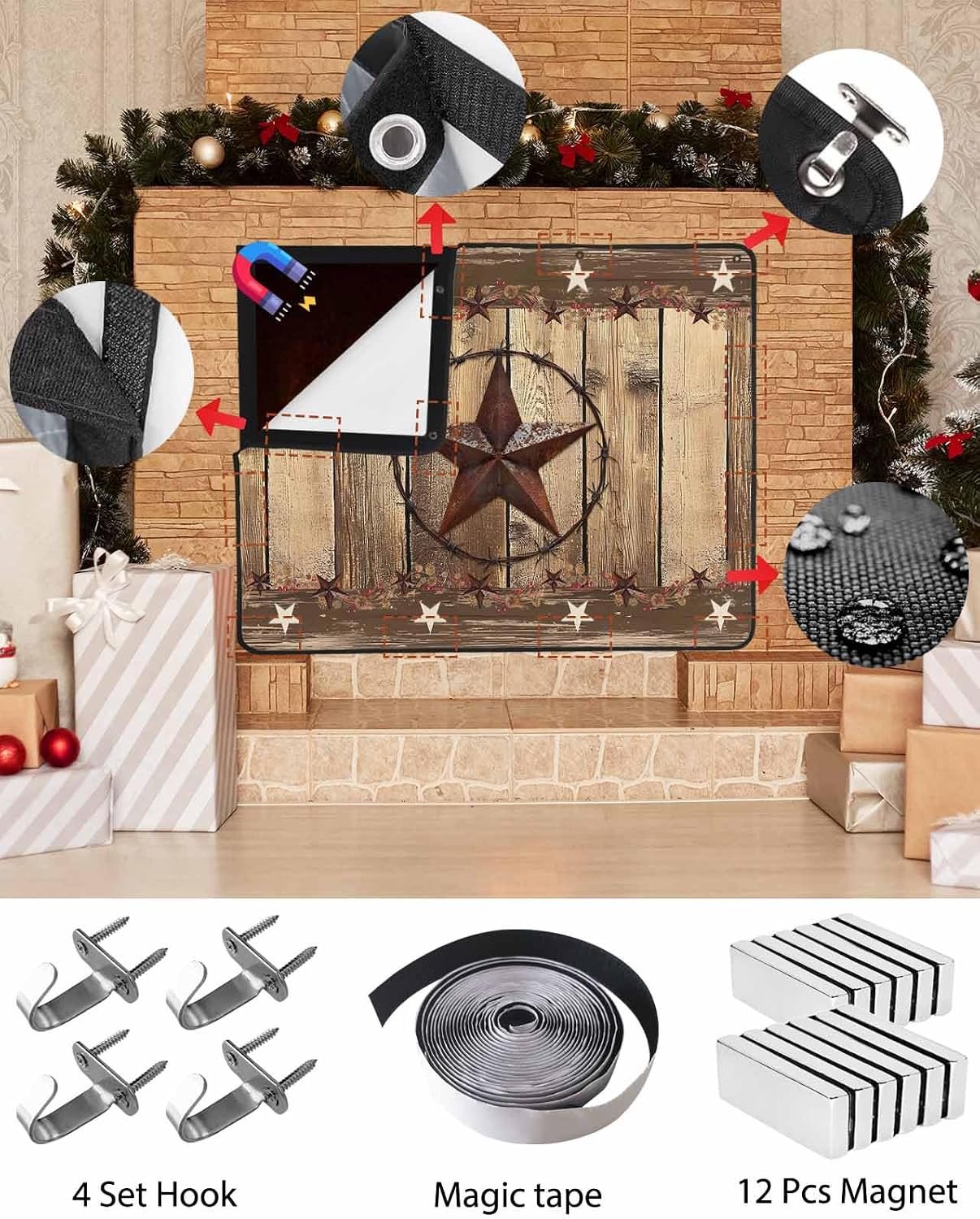 Rustic Country Magnetic Fireplace Cover, Fireplace Draft Blocker, Western Stars Brown Texture Wooden Print Fireplaces Blanket for Heat Loss/Cold Air, Fireplaces Draft Stopper for Inside 39''x32''