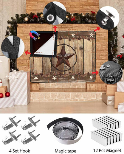 Rustic Country Magnetic Fireplace Cover, Fireplace Draft Blocker, Western Stars Brown Texture Wooden Print Fireplaces Blanket for Heat Loss/Cold Air, Fireplaces Draft Stopper for Inside 39''x32''