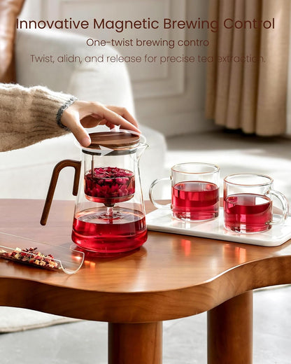 ZENS Magnetic Glass Infuser Teapot for Loose Tea, 27oz Walnut Wood Handle | Magic Teapot with Infuser, Echanted Tea Maker, Mess-Free Loose Leaf Tea Diffusers for Tea lover Gifts