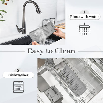 PoYang 23.6 Inch Silicone Sink Splash Guard, Kitchen Sink Mat, Light Grey | Faucet Mat with Wide Drainage & Cuttable Hole, Keeps Faucet Base Dry, Long & Short Sink Protectors for Kitchen, Bathroom & RV