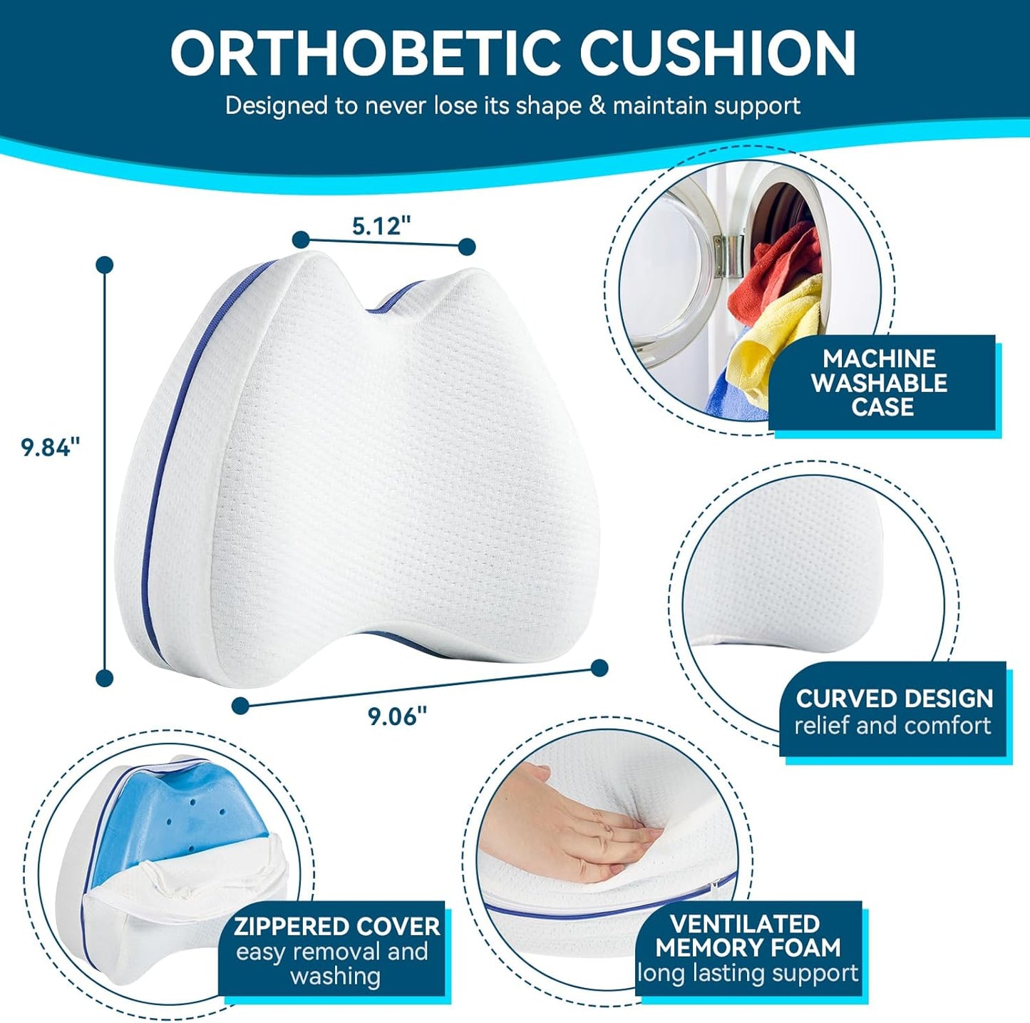 Knee Pillow for Side Sleepers Hip Pain, Leg Pillow for Side Sleeping | Side Sleeper Pillows Memory Foam Back, Sciatica, Knee Pain Relief with Washable Cover, White 1 Pack