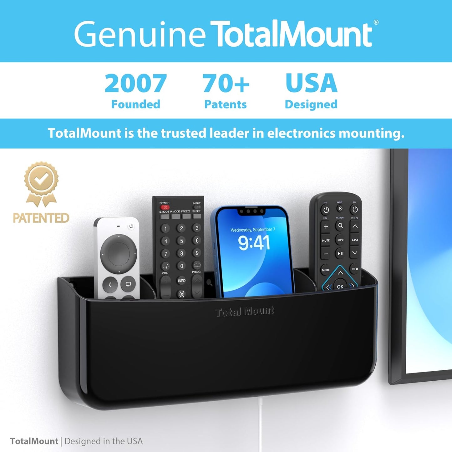 TotalMount Drop-Free Remote Holder – Removable Adhesive Strips – XL Black | Designed in the USA – Simply Put the Remotes In – No Tricky Magnet Alignment Needed (Holds 3 or 4 Remote Controls)
