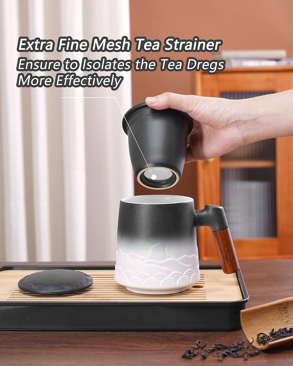 ZENS Tea Mug with Infuser and Lid for Loose Leaf Tea Steeper, 16.9oz Moss | Embossed Ceramic Tea Cup with Infuser for Herbal Tea Difussers, Tea Lovers Gifts, Nature Wood Handle