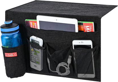 Zafit Linen 4 Pockets Bedside Caddy, Bedside Storage Organizer for Magazine, Remotes, Phone (Beige, Classic 4 Pockets)