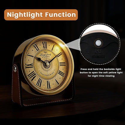 Analog Alarm Clock - 4.5" Silent Non Ticking Small Clock with Light, Rotatable Stand Metal Desk Clock Battery Operated, Simple Design for Living Room Decor/ Bedroom/Bedside/Shelf (Black & White)
