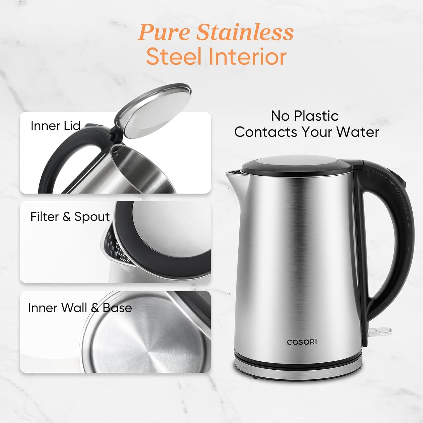 Cosori Stainless Steel Electric Kettle, Plastic-Free Interior, 1.5L, Black | Cool-Touch Double-Wall, Auto Shut-Off, Boil-Dry Protection, Tea Kettle, Hot Water Boiler, 1500W