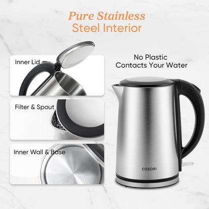 Cosori Stainless Steel Electric Kettle, Plastic-Free Interior, 1.5L, Black | Cool-Touch Double-Wall, Auto Shut-Off, Boil-Dry Protection, Tea Kettle, Hot Water Boiler, 1500W