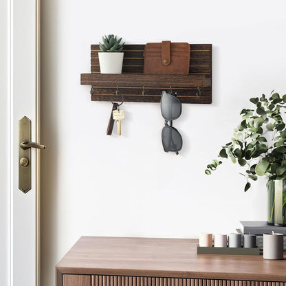 Lwenki Decorative Key Holder for Wall with Shelf, Entryway Shelf with Hooks Holds Leashes, Jackets and Glasses – Sturdy Wood Keyholder Entrance Hanger with Mounting Hardware (Black, Medium)