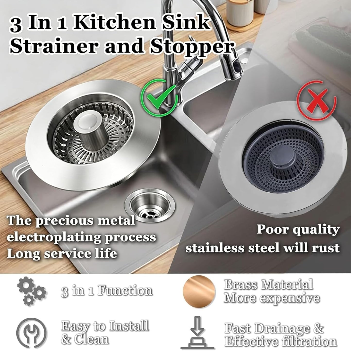 BAOLSLS 3 in 1 Kitchen Sink Stopper, Pop Up Kitchen Sink Drain Strainer | with An Extra Basket Strainer, Kitchen Sink Drain Stopper for US Standard 3-1/2 Inch, Chrome Silver