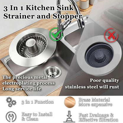 BAOLSLS 3 in 1 Kitchen Sink Stopper, Pop Up Kitchen Sink Drain Strainer | with An Extra Basket Strainer, Kitchen Sink Drain Stopper for US Standard 3-1/2 Inch, Chrome Silver