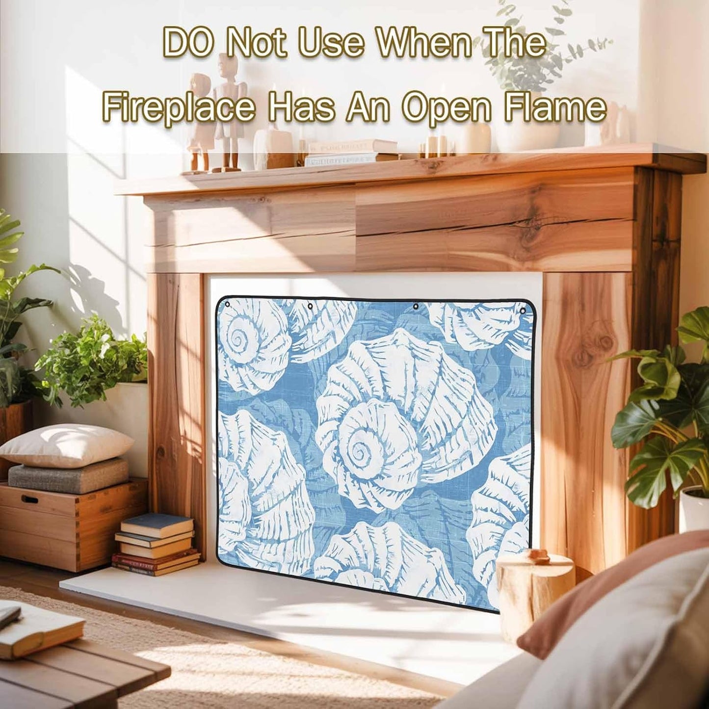Magnetic Fireplace Cover Navy Blue Coastal Shells Fireplace Screen Decorative Ocean Conch Marine Life Insulation Fireplace Blocker Save Energy Fireplace Draft Stopper Covers for Living Room 36x30 Inch