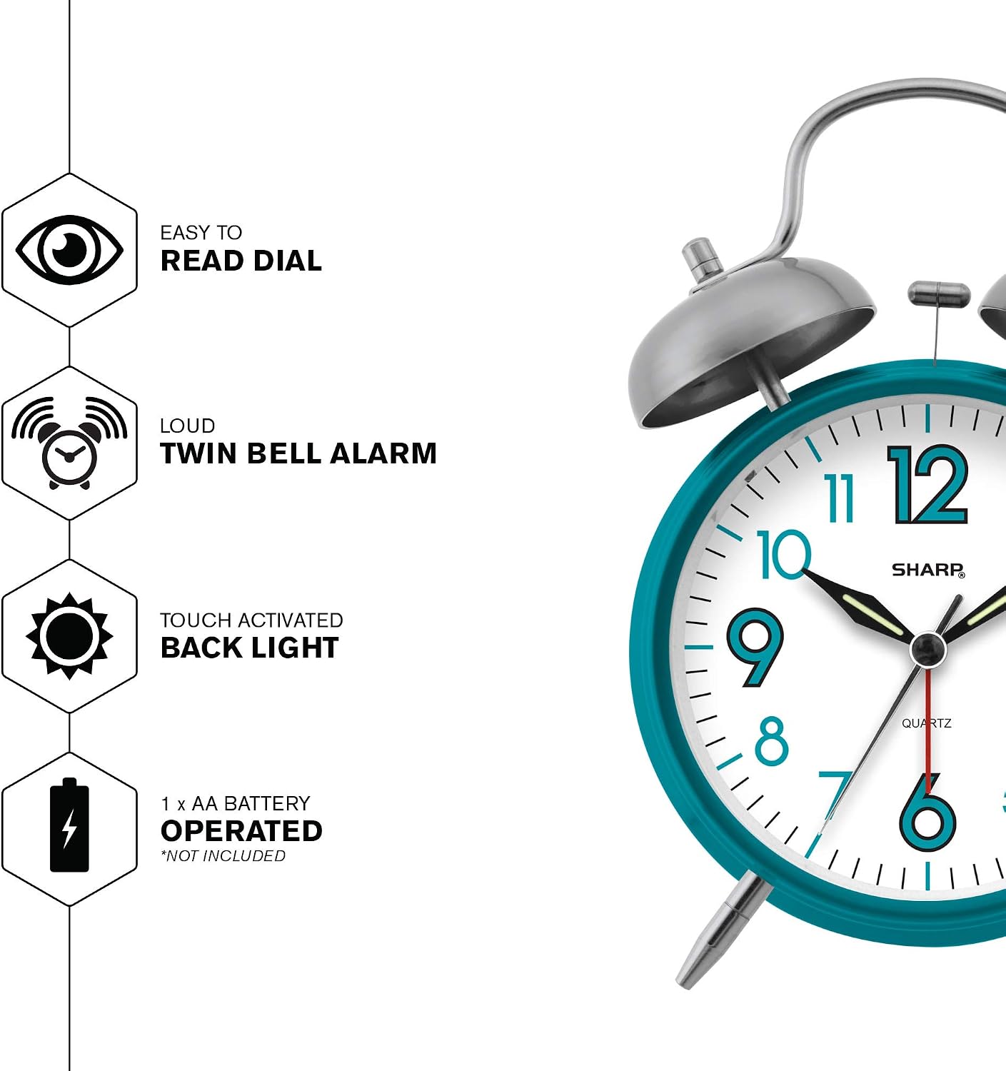 Sharp 4-Inch Twin Bell Alarm Clock for Heavy Sleepers (Matte Navy) | Extra-loud metal bell alarm, quiet quartz movement, press-button backlight, rustic bronze accents, battery operated