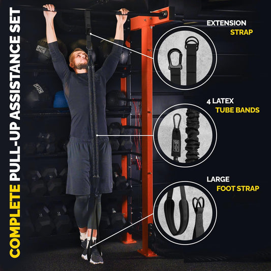 Pull Up Assistance Bands Set with 4 Levels, Adjustable Strap and Foot Rest | 50–200 lb stackable pull-up assistance, nylon-sleeved bands, adjustable support, reduced snap-back risk