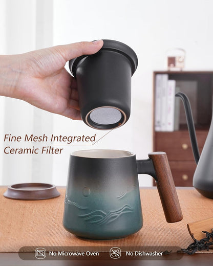 ZENS Tea Mug with Infuser and Lid for Loose Leaf Tea Steeper, 16.9oz Moss | Embossed Ceramic Tea Cup with Infuser for Herbal Tea Difussers, Tea Lovers Gifts, Nature Wood Handle