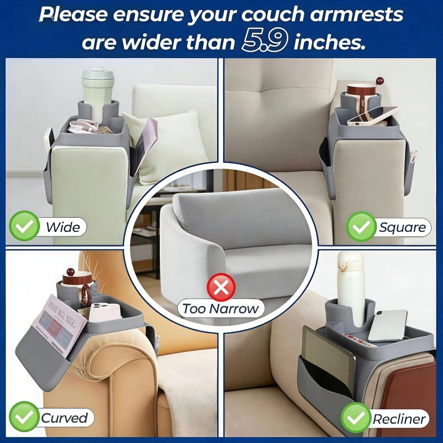 Silicone Couch Caddy Cup Holder Tray, 3-Side Sofa Armrest Organizer with Secure Gear-Shaped Locking Holder & Large Tablet Slot, Non-Slip Weighted Armchair Caddy, Couch Accessories (Grey)